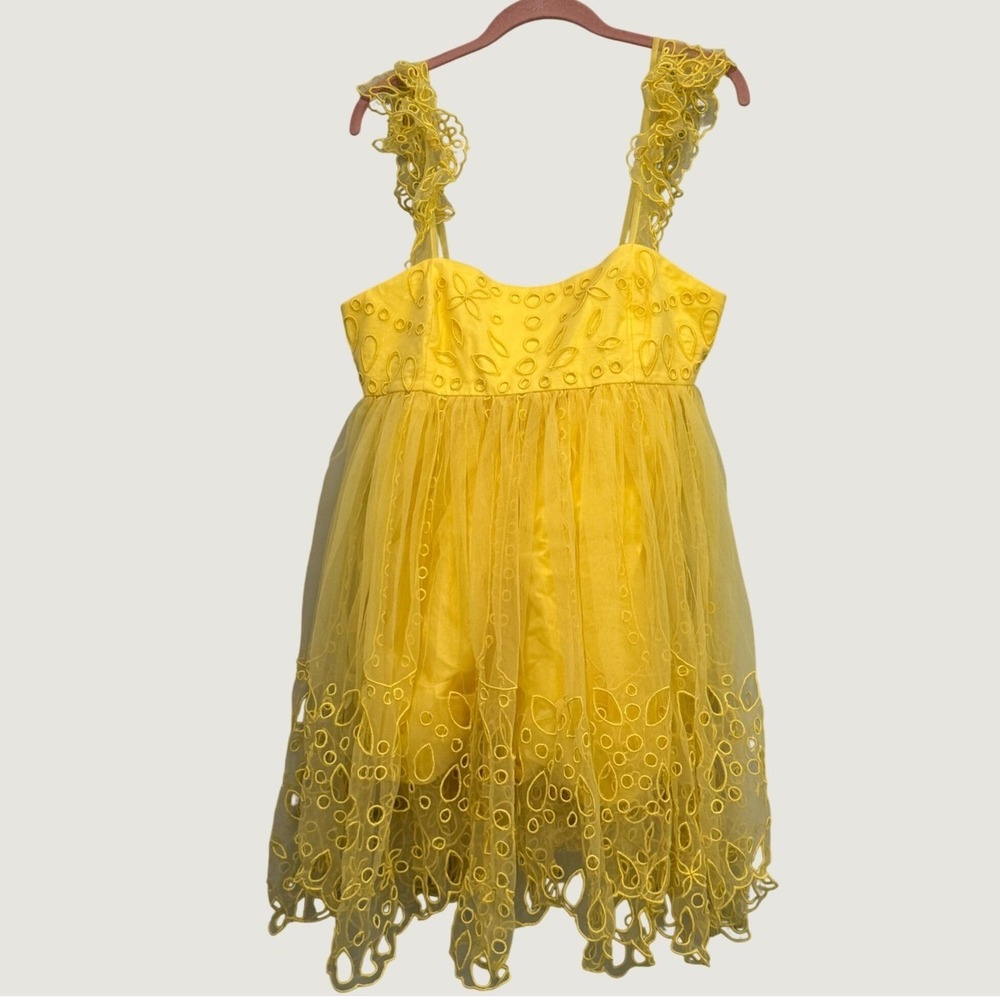 Let Me Be Anthropologie Yellow Tulle Eyelet Ruffle Mini Dress Size M NEW